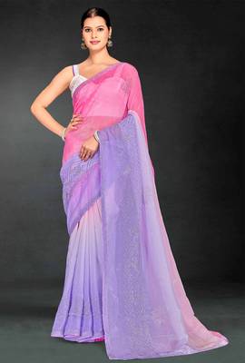 purple digital printed swarovski stone border work saree 1