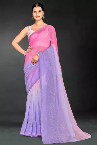 purple digital printed swarovski stone border work saree