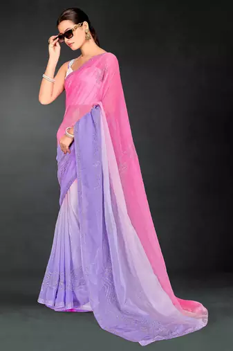 purple digital printed swarovski stone border work saree