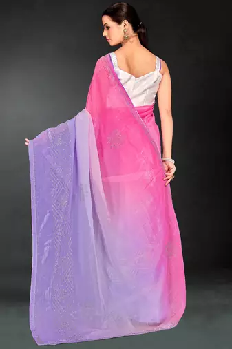 purple digital printed swarovski stone border work saree