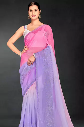 purple digital printed swarovski stone border work saree
