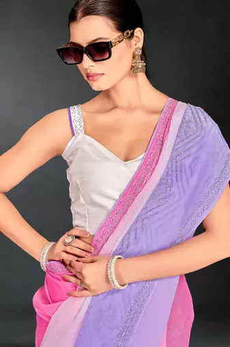 purple digital printed swarovski stone border work saree