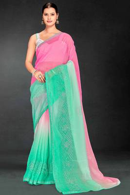 sea green digital printed swarovski stone border work saree 1