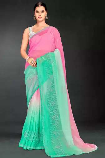 sea green digital printed swarovski stone border work saree