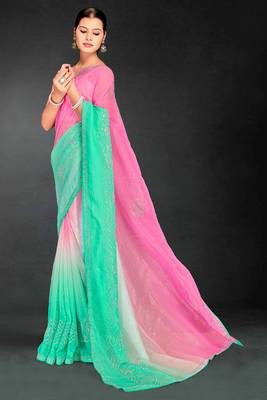 sea green digital printed swarovski stone border work saree 2