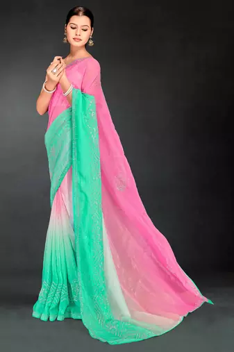 sea green digital printed swarovski stone border work saree