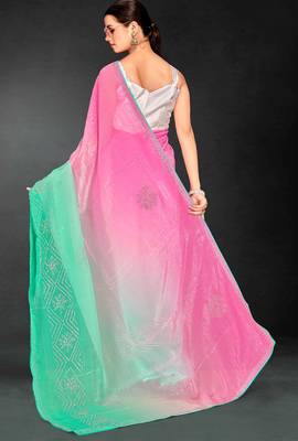 sea green digital printed swarovski stone border work saree 3