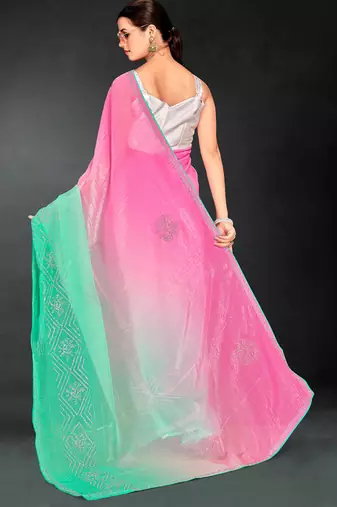 sea green digital printed swarovski stone border work saree
