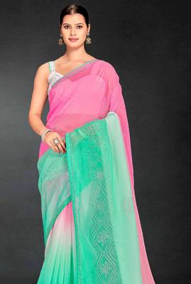 sea green digital printed swarovski stone border work saree 4
