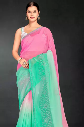 sea green digital printed swarovski stone border work saree