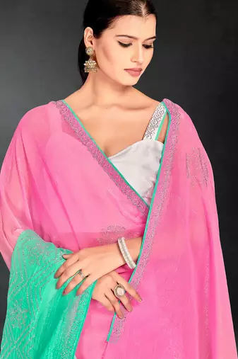 sea green digital printed swarovski stone border work saree