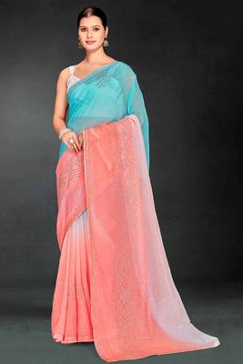 sky blue peach digital printed swarovski stone border work saree 1