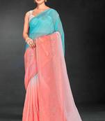 sky blue peach digital printed swarovski stone border work saree