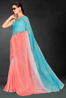 sky blue peach digital printed swarovski stone border work saree 2