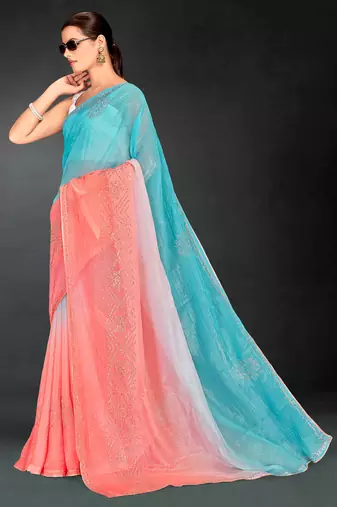 sky blue peach digital printed swarovski stone border work saree