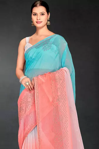 sky blue peach digital printed swarovski stone border work saree