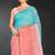sky blue peach digital printed swarovski stone border work saree