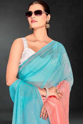 sky blue peach digital printed swarovski stone border work saree 5