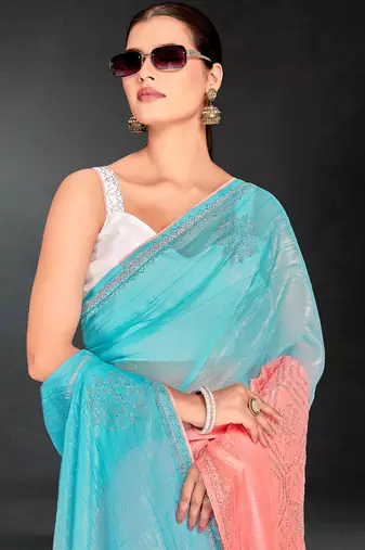 sky blue peach digital printed swarovski stone border work saree