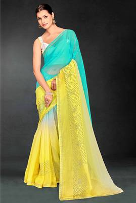 yellow green digital printed swarovski stone border work saree 1