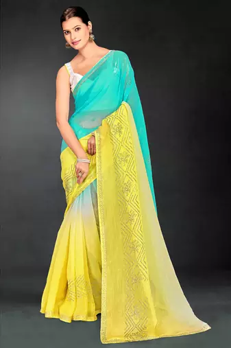 yellow green digital printed swarovski stone border work saree