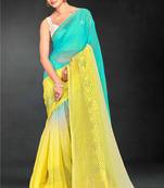 yellow green digital printed swarovski stone border work saree
