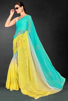 yellow green digital printed swarovski stone border work saree 2
