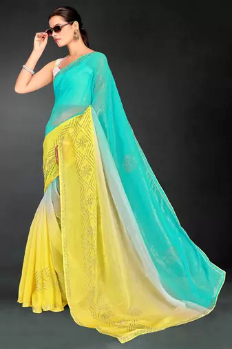 yellow green digital printed swarovski stone border work saree