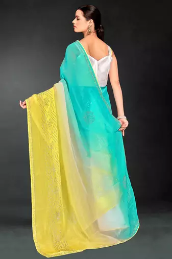 yellow green digital printed swarovski stone border work saree