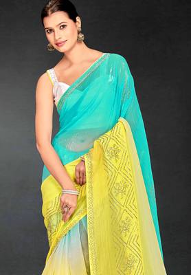 yellow green digital printed swarovski stone border work saree 4