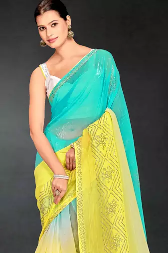 yellow green digital printed swarovski stone border work saree