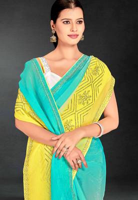 yellow green digital printed swarovski stone border work saree 5