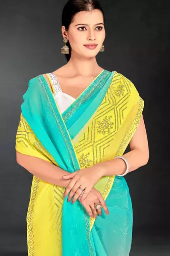 yellow green digital printed swarovski stone border work saree
