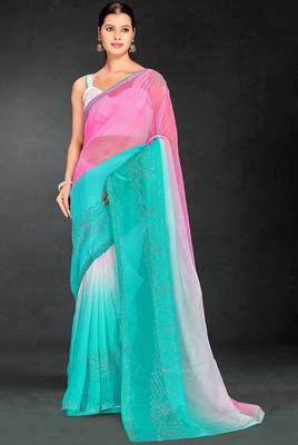 pink sky blue digital printed swarovski stone border work saree 1