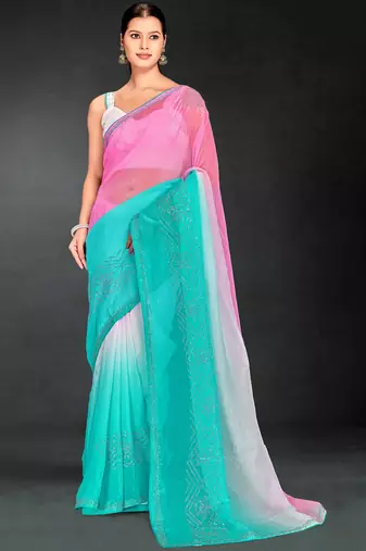 pink sky blue digital printed swarovski stone border work saree