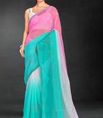 pink sky blue digital printed swarovski stone border work saree