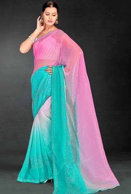 pink sky blue digital printed swarovski stone border work saree 2