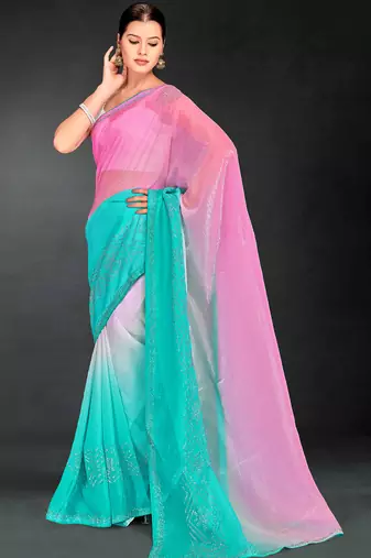 pink sky blue digital printed swarovski stone border work saree