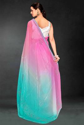 pink sky blue digital printed swarovski stone border work saree 3