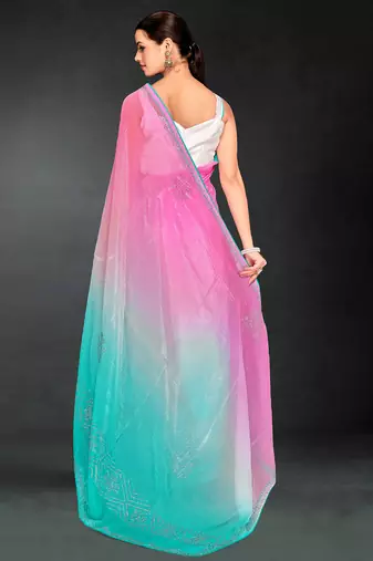 pink sky blue digital printed swarovski stone border work saree