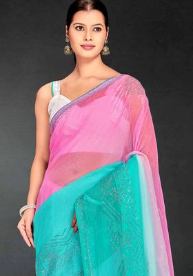 pink sky blue digital printed swarovski stone border work saree 4