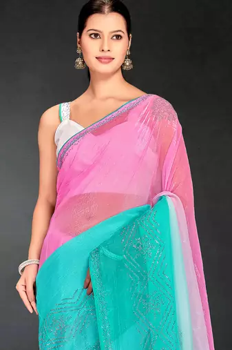 pink sky blue digital printed swarovski stone border work saree