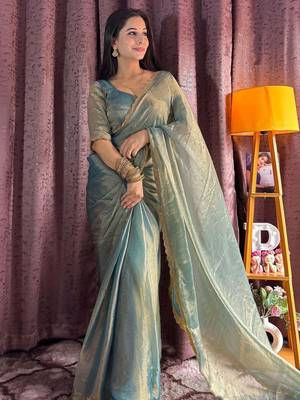 blue silk blend beads hand work saree with blouse 1
