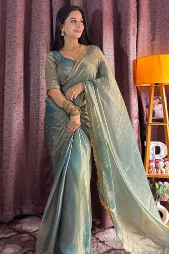 blue silk blend beads hand work saree with blouse