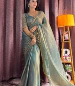 blue silk blend beads hand work saree with blouse