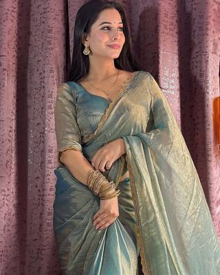 blue silk blend beads hand work saree with blouse 2