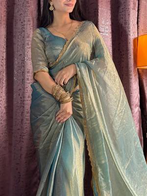 blue silk blend beads hand work saree with blouse 3