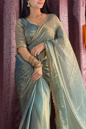 blue silk blend beads hand work saree with blouse