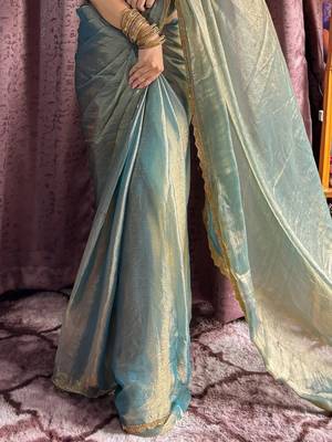 blue silk blend beads hand work saree with blouse 4