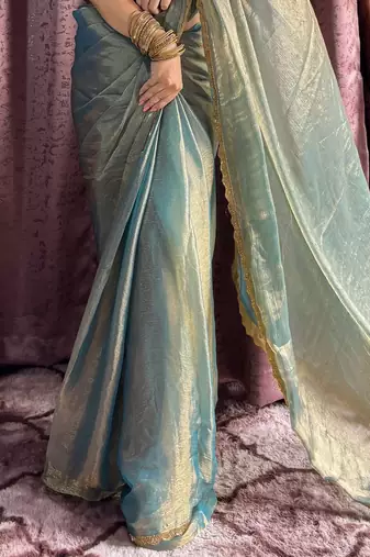 blue silk blend beads hand work saree with blouse